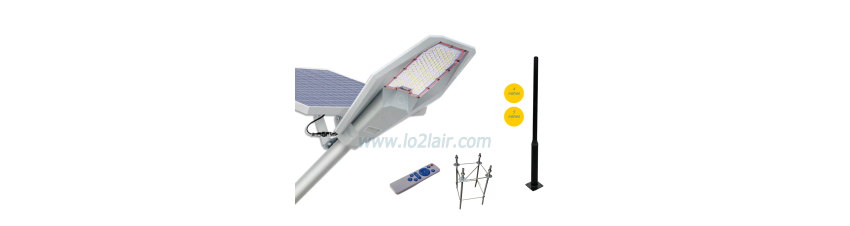 Lampadaire solaire, mât pour lampadaire, base pour mât et accessoires